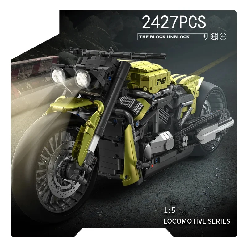 1:5 Scale Technical Harleying Big Motorcycle Night Rod Building Block Motor Model Brick Motorbike Toys  Collection WIth Light