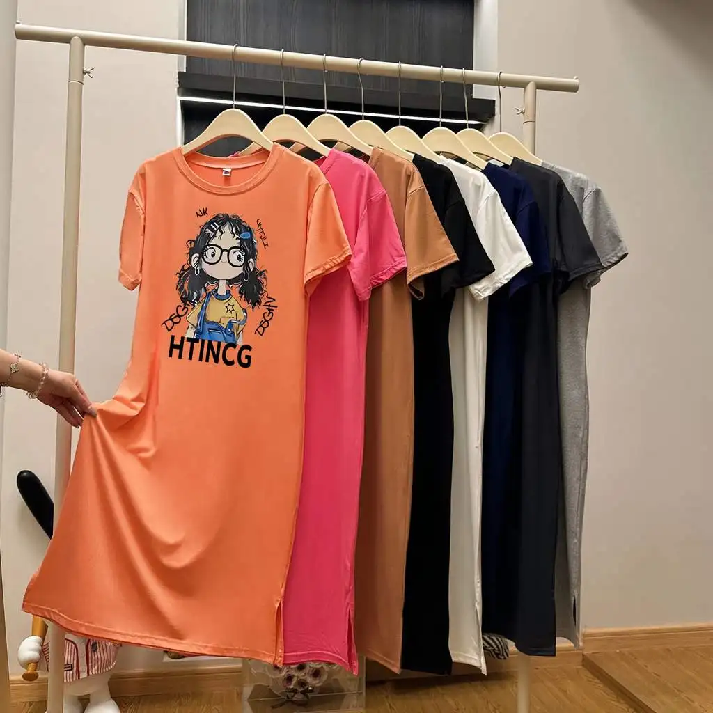 

Women Cute Cartoon Girl Print T-Shirt Dress Oversized Short Sleeve Maxi Dress Casual Loose Side Split Summer Loungewear