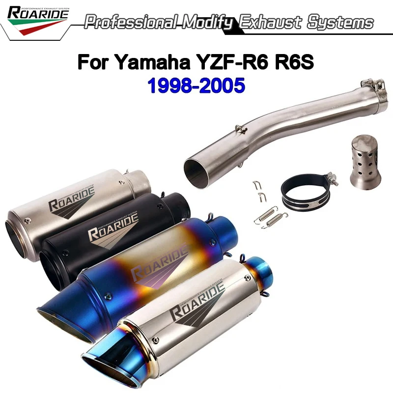 Für Yamaha YZF R6 1998–2005 Motorrad-Auspuffanlage, 51 mm Schalldämpferspitze, mittleres Verbindungsrohr, abnehmbares DB-Killer-Edelstahl-Slip-On
