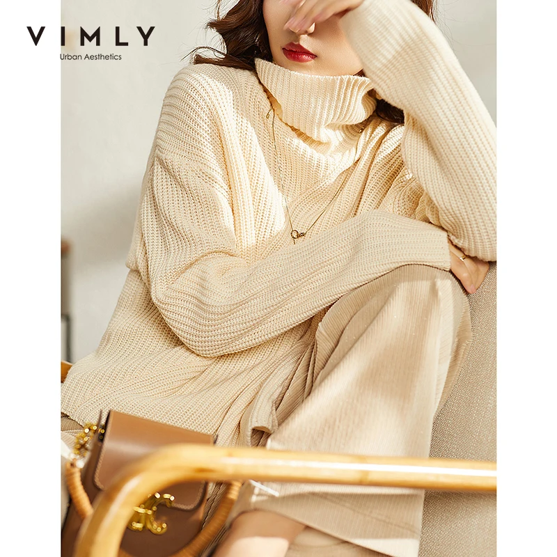 Vimly Winter Turtleneck Sweater for Women 2023 Asymmetrical Hem Pullover Knitwear Fashion Loose Long Sleeve Knit Tops Clothing