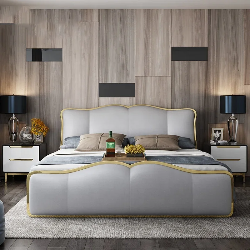 Bedroom furniture king size 1.8m cream color bed gold stainless steel modern luxury bed frames sheets beauty metal beds