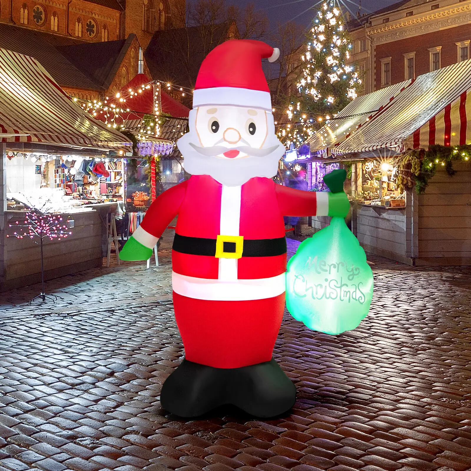 Costway 5 FT Christmas Decor Inflatable Santa Claus Holding a Gift Bag w/ LED Lights