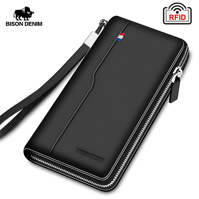 BISON DENIM prawdziwy męski portfel ze skóry RFID blokowanie długa torba etui na monety okładka na paszport dla mężczyzn etui na karty kredytowe W8226