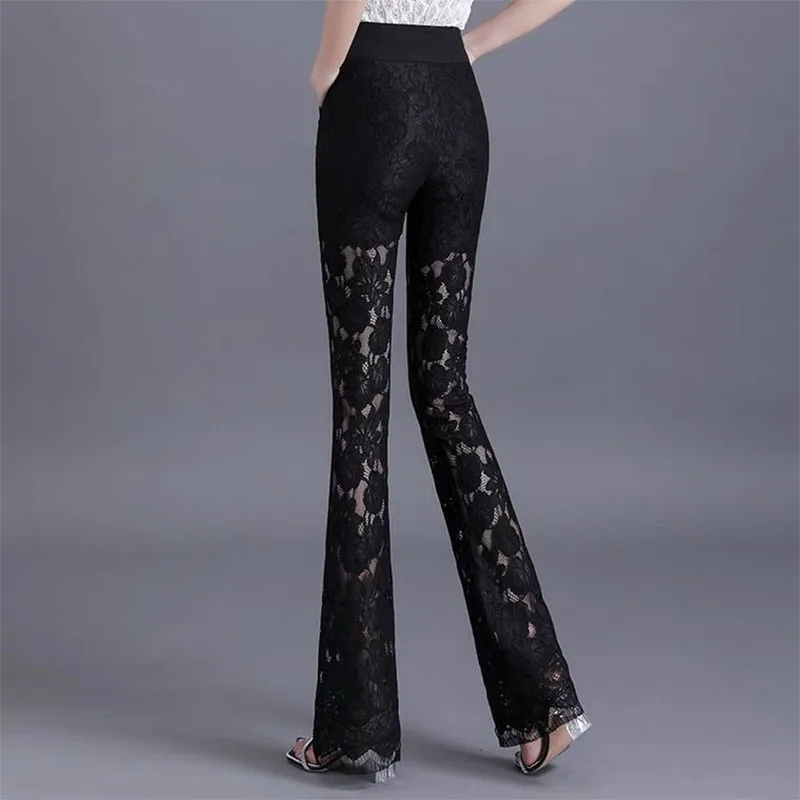 Y2k Korean Pant Suits Lace Hollow Out Summer Thin Flare Pants High Waist Solid Women Elegant Casual Fashion Female Trousers 2022