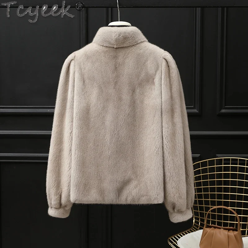 Tcyeek-Manteau en fourrure véritable pour femme, col montant, veste en vison entier, style court, naturel, mode féminine, hiver