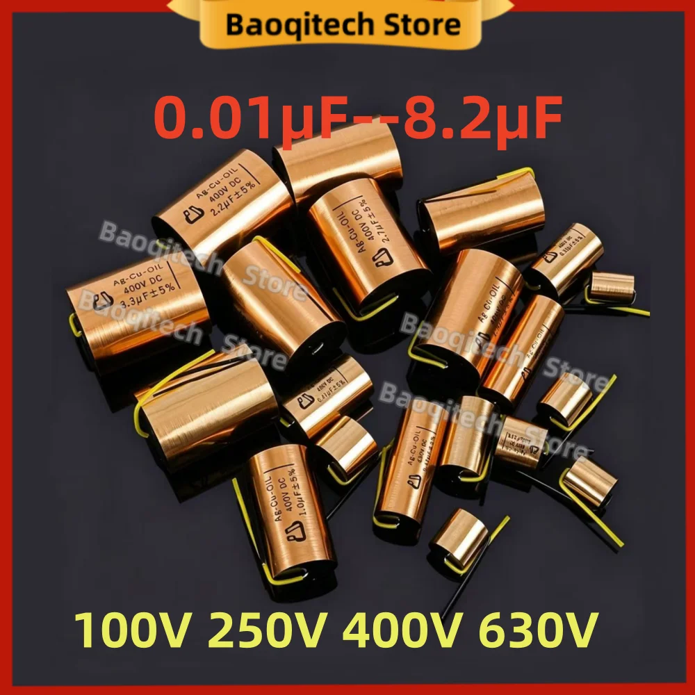 Condensador polar de pines de plata impregnado con aceite de lámina de cobre 100V 250V 400V 600V para Audio HIFI, Molino de Molienda, División de Frecuencia y Acoplamiento