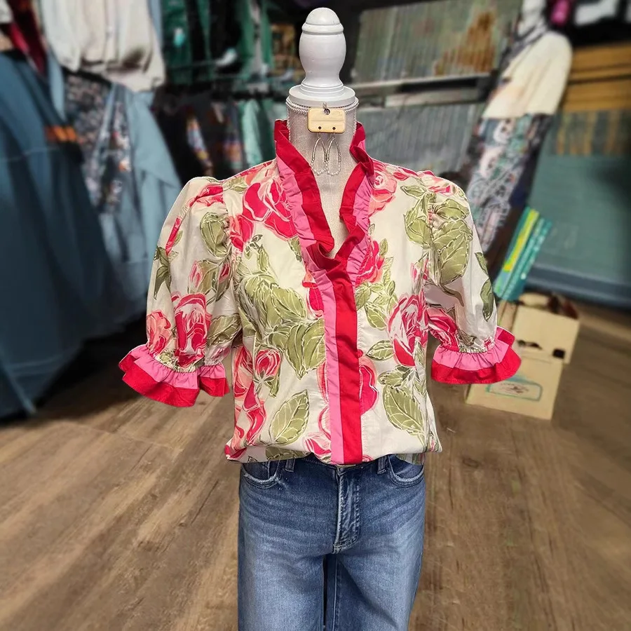 

Women Summer Floral Print Short Sleeve Shirt With Button V Neck Ruffles Pink Streetwear Sweet Blouse Spring Clothes Women Tops