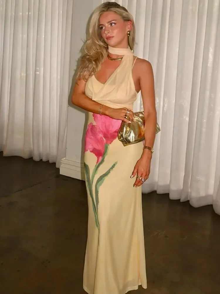 Bloemenprint halter sexy maxi-jurk voor dames, off-shoulder strapless mouwloze rugloze elegante lange jurk