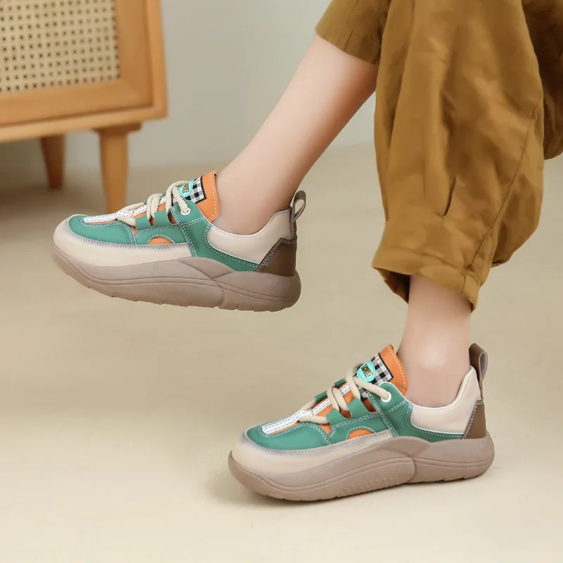 Thick Sole PU Face Women\'s Shoes 2023 Spring Autumn New Casual Single Shoes Women\'s Color Matching Sponge Sole Vulcanized Shoes