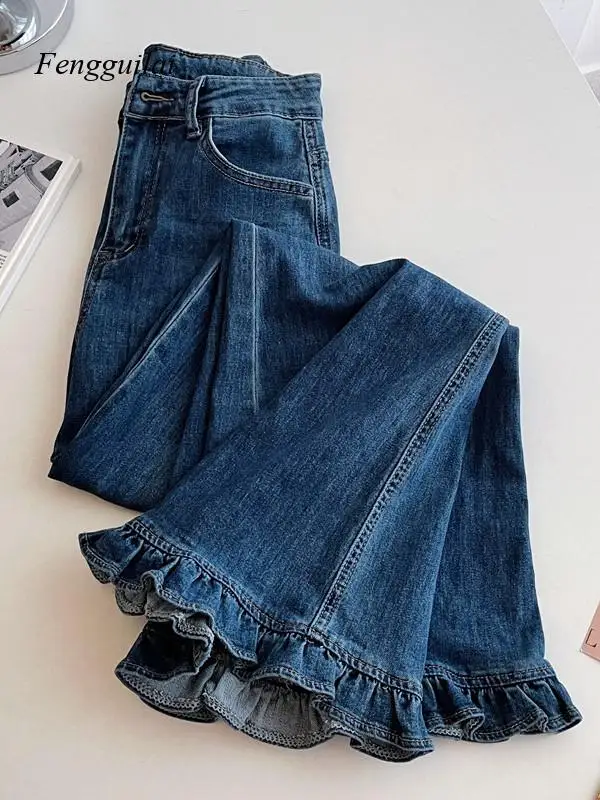 Flared Wide Leg Denim Jeans Women's High Waist Vintage Style Patchwork Medium Softness Ladies Loose Fit Jeans
