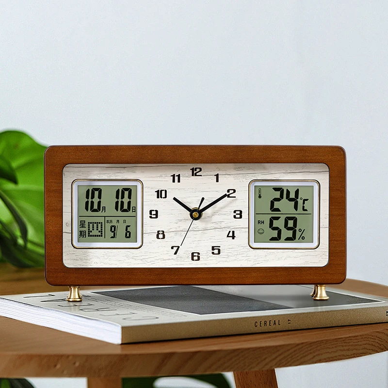 Retro Table Clock with Temperature and Humidity Date Desktop Decorative Ornament Accessories Desk Clock Calender Thermometet
