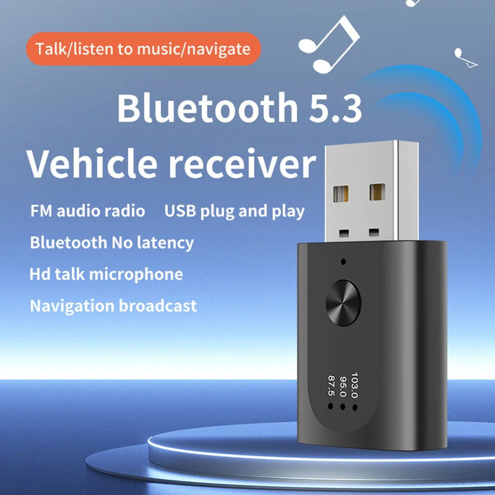 B63B-USB Bluetooth 5.3 อะแดปเตอร์เครื่องรับสัญญาณไร้สายเครื่องส่งสัญญาณบลูทูธพร้อมไมโครโฟนแฮนด์ฟรีสําหรับรถยนต์พร้อมวิทยุ FM