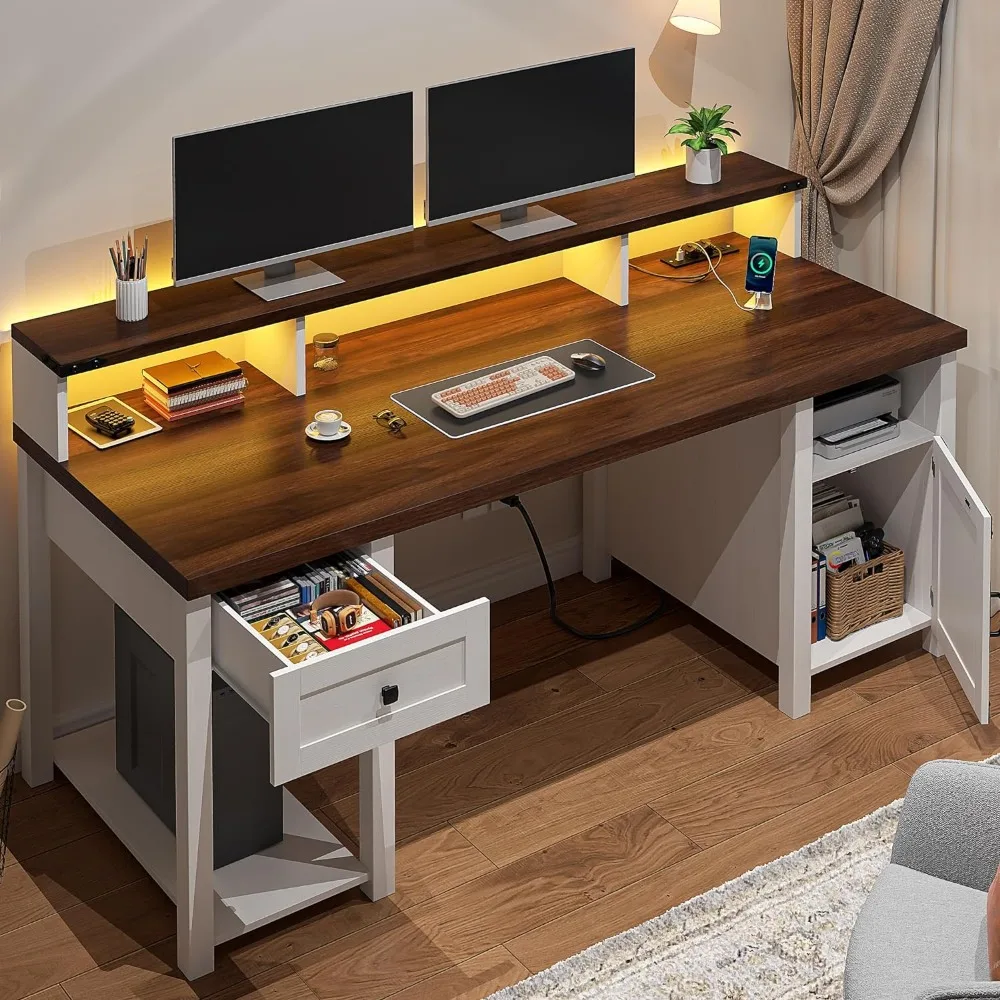 

55" Computer Desk with Drawers Farmhouse Desk with Long Monitor Stand Reversible Wood Desk with Power Outlets Large Home Office