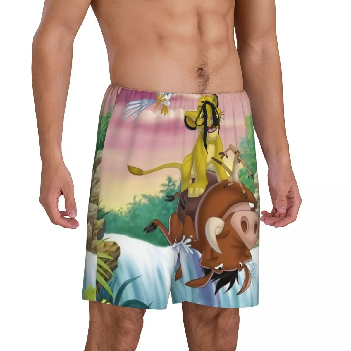 Custom Printed Men's Italian Animated Television Lion King Simba Pajama Bottoms Sleepwear Pjs Sleep Shorts with Pockets