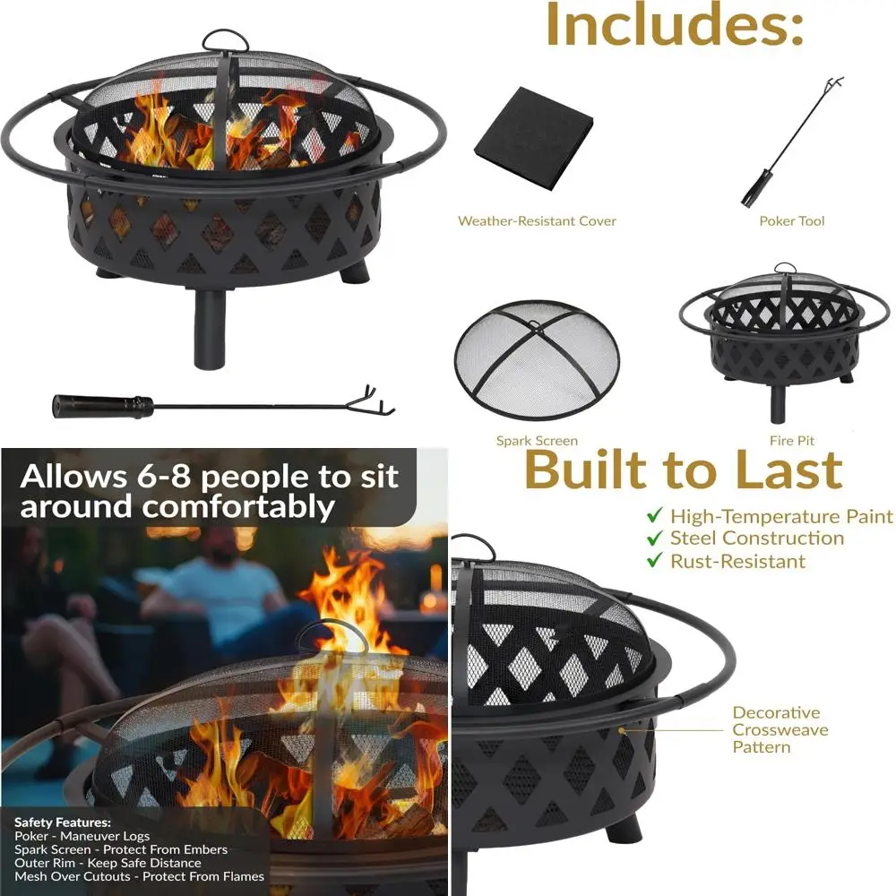 

30-inch outdoor wood-burning fire pit with spark screen, poker, and round cover