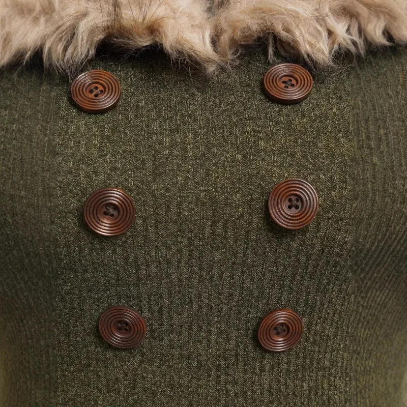 Abito da donna natalizio autunno inverno retrò verde con bottoni in pizzo manica lunga peluche patchwork addensato abito da sera con cappuccio