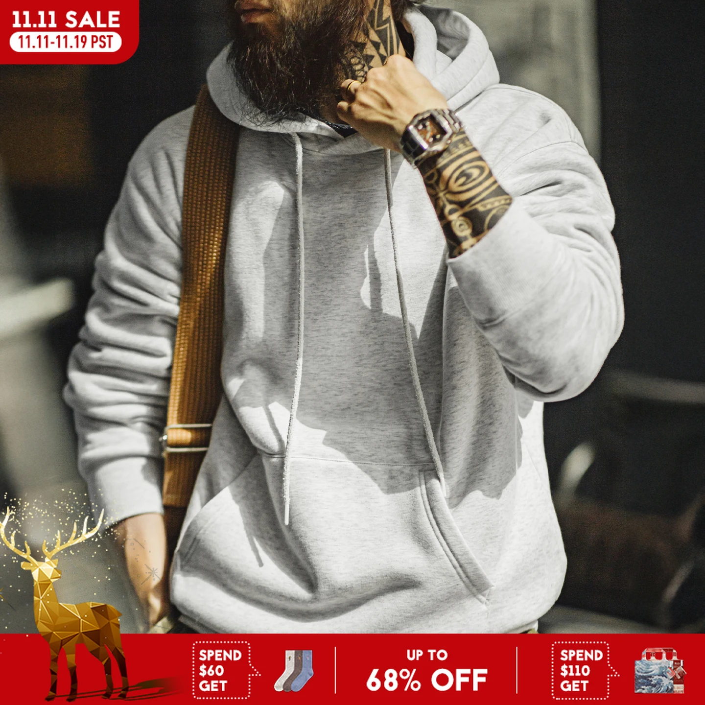 Maden Vintage Men's Heavyweight Rocky Hoodie Loose Fit Fleece-lined Warm Pullover Casual Thickened Layered Tops for Fall Winter