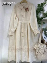 Abiti in lino di cotone a maniche lunghe con ricamo Vintage donna giapponese Mori Girl colletto in pizzo arruffato abito longuette allentato Casual Vestido