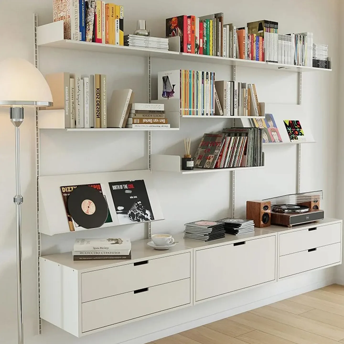 Simple multi-layer bookshelf perforated wall wall-mounted track system shelf wall-mounted suspended bay window storage