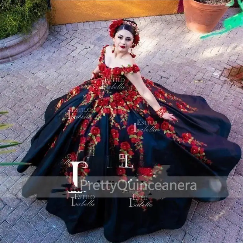 Black Mexican Style Quinceanera Dresses Charro Red 3D Flowers Embroidered Lace Layers Satin Vestidos Para XV Años Customized