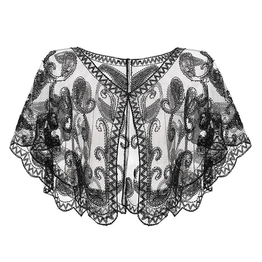 

Retro Sequins Poncho Coat Embroidery Blingbling Sequins Sequin Beaded Short Cape Hollow Out 1920s Theme Sequins Tassel Shawls