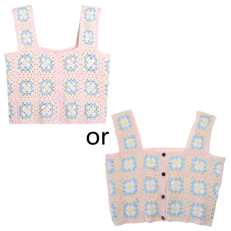 

Women Crochet Sleeveless Crop Top Colorful Plaid Knit Square Neck Button Sweater Vest Single-Breasted Cardigan Waistcoat P8DB