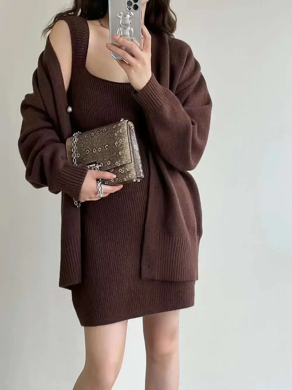 

Fall Winter Women Fashion Knit 2 Piece Sets Square Collar Slim Pencil Mini Dress&Long Sleeve Cardigan Coat Black Grey 2pc Suits