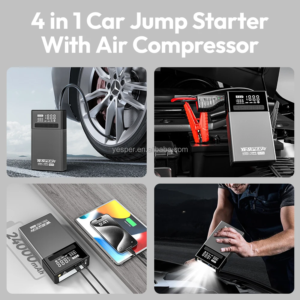 Yesper M6 Pro Mu-tifunction 24000mAh Portable Starter Jump 4250A Peak Current 160PSI Air Compressor for Tire Inflator