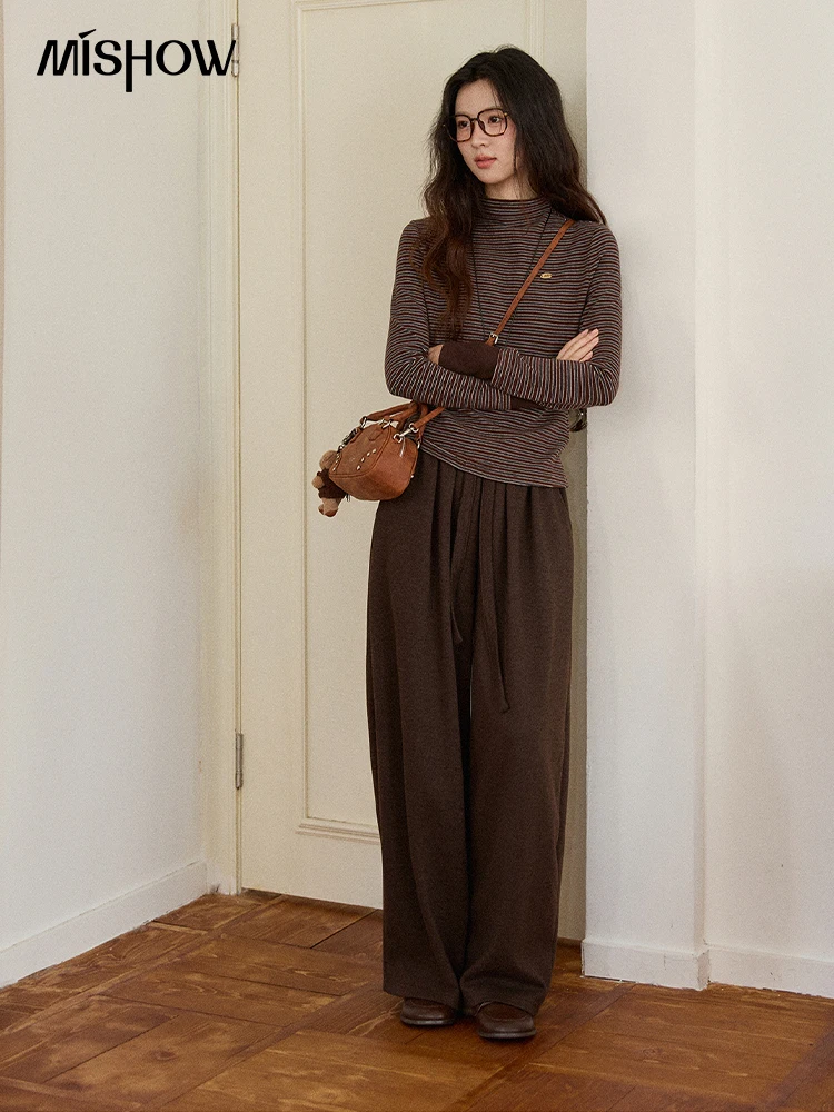 MISHOW Marrone Pantaloni a gamba larga per le donne2025 Inverno Addensato Caldo Coulisse Cintura Retro Pantaloni Casual Donna MXE87K1126