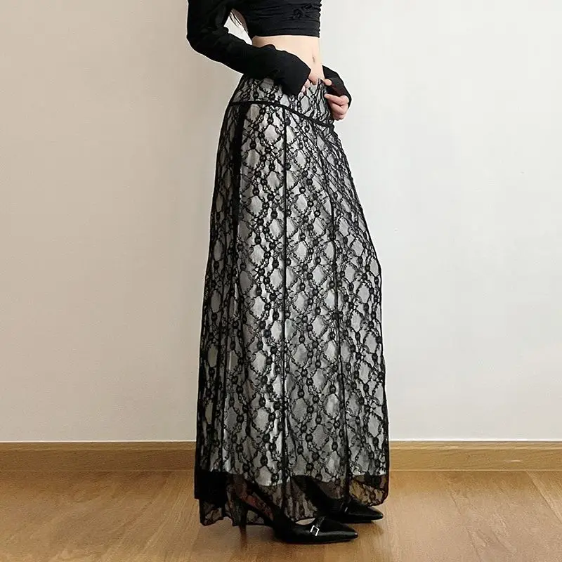 Long Skirts Lace Double Layer Black Baggy Y2k Aesthetic Straight Midi Skirts Femme Clothing Slim Hot Girl Butt-Covering Skirt