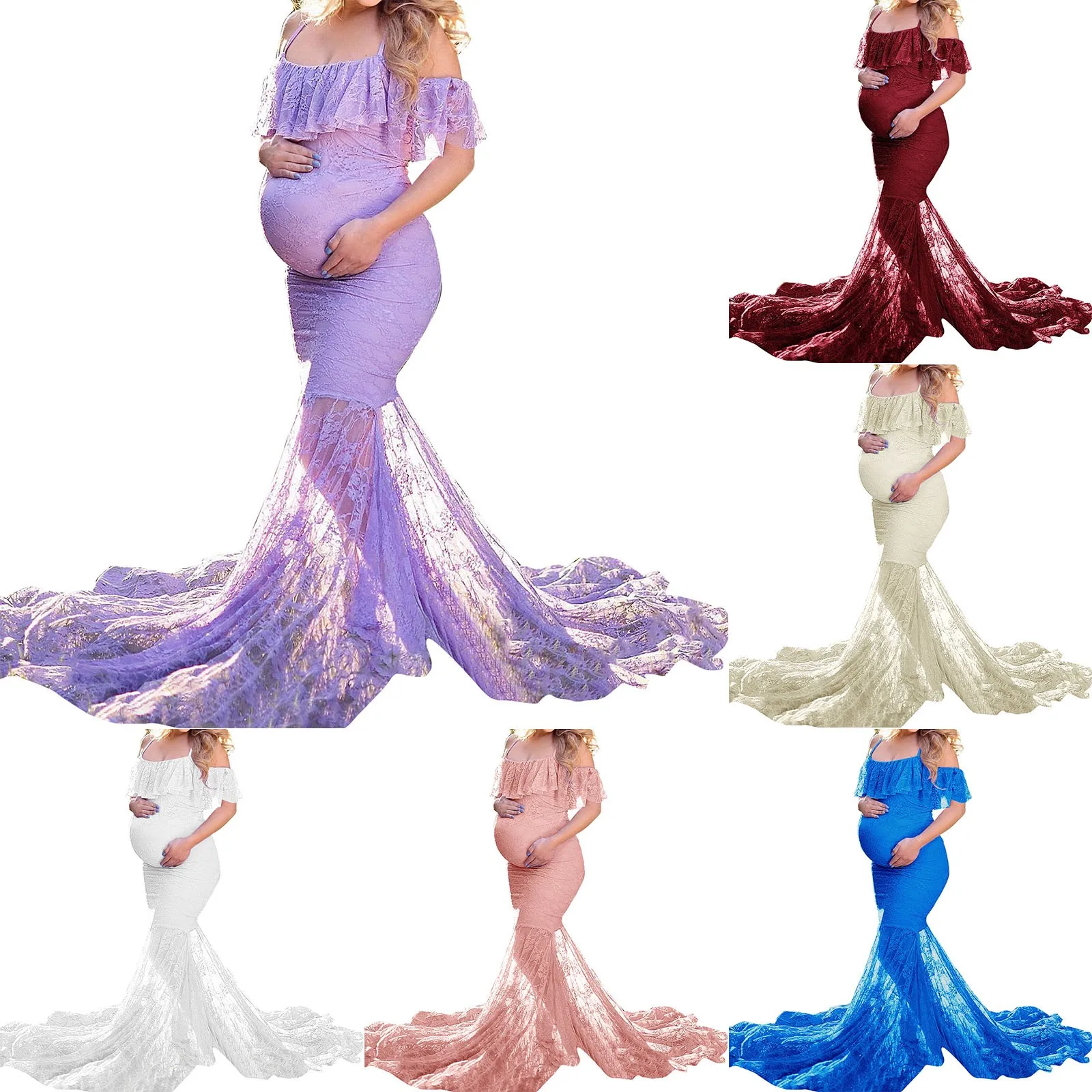 

Laundry Cape Coat Maternity Ruffled Sleeves V Neck Tail Length Long Dress Photography Dress Woman down