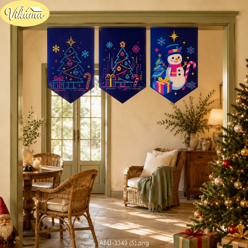 VIKAMA Christmas Triangle Bunting, Neon Line Snowman and Christmas Tree Print Triangle Bunting, Christmas Party Home Decor
