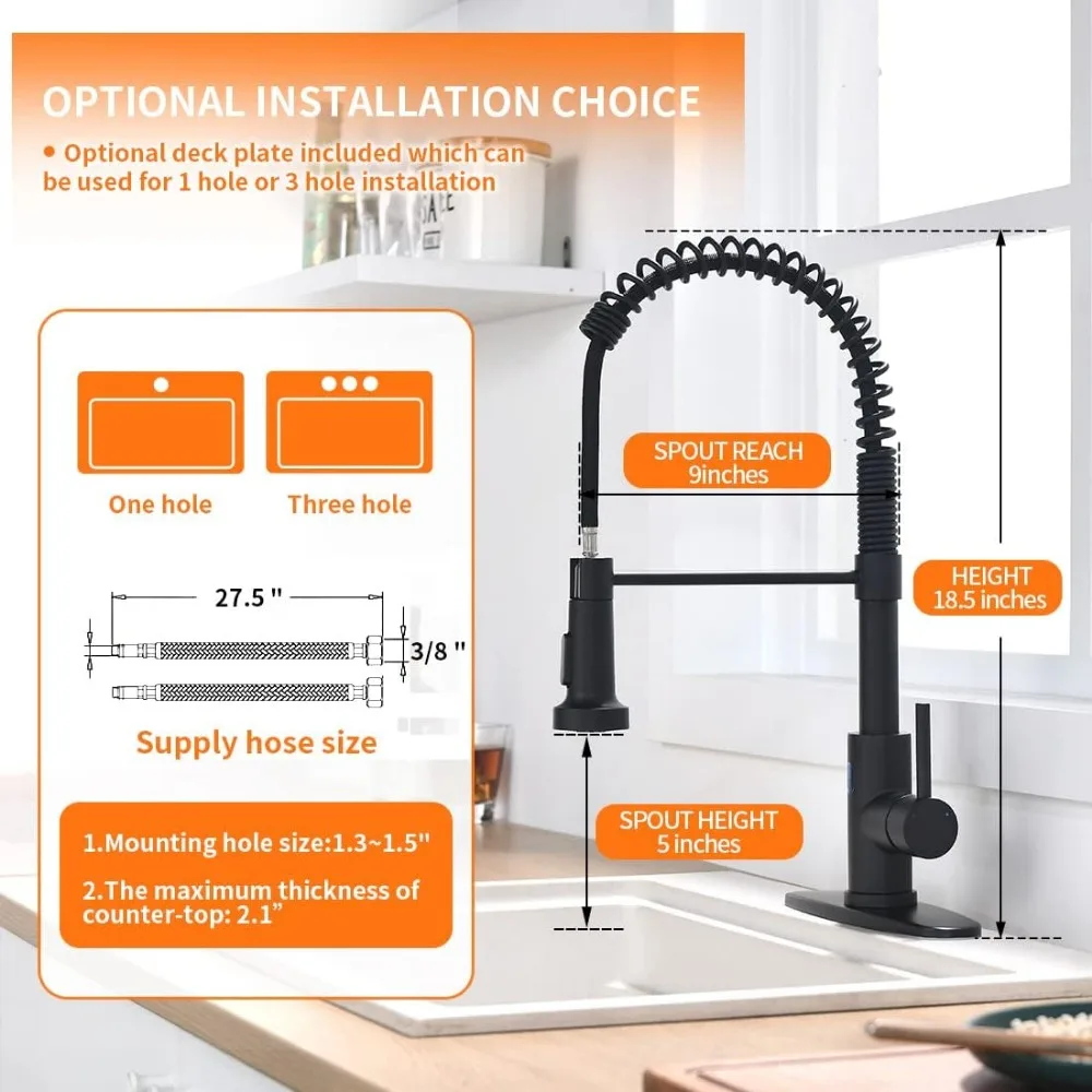 OWOFAN Black Kitchen Faucet with Pull Down Sprayer Stainless Steel Single Handle Pull Out Spring Sink Faucets 1 Hole or 3 Hole