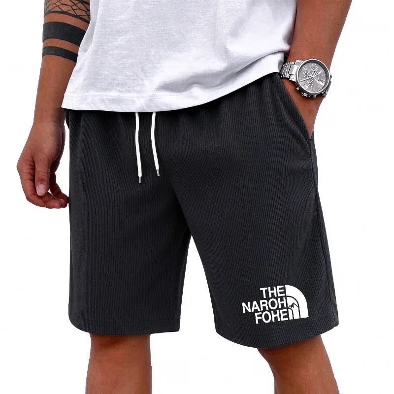 Men Women Summer Loose Ribbed Knee Length Shorts Simple Mountain Logo Print Elastic Drawstring Breathable  Casual Short Pants