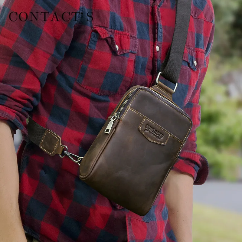 British Style Top Layer Cowhide Fashion Casual Crossbody Outdoor Travel Trend Mens Chest Bag Large Capacity Bag Men Shoulder Bag