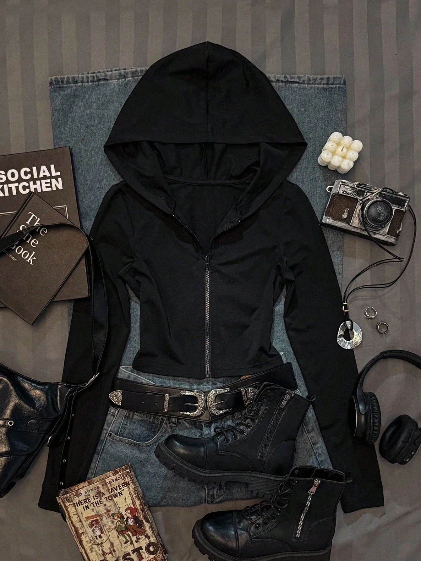 New minimalist casual women's wear printed solid color fitted hooded sweatshirt T-shirt, autumn, zipper cardigan pattern