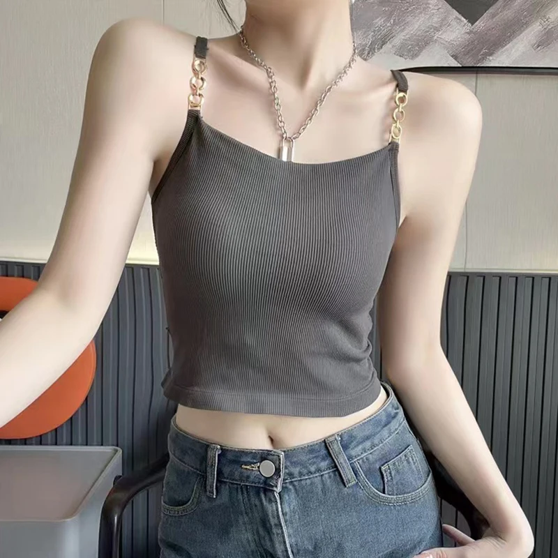 Women's Camisole With Chest Pad Korean Version Slim Casual Crop Top Solid Color Fashion Metal Chain Versatile Summer