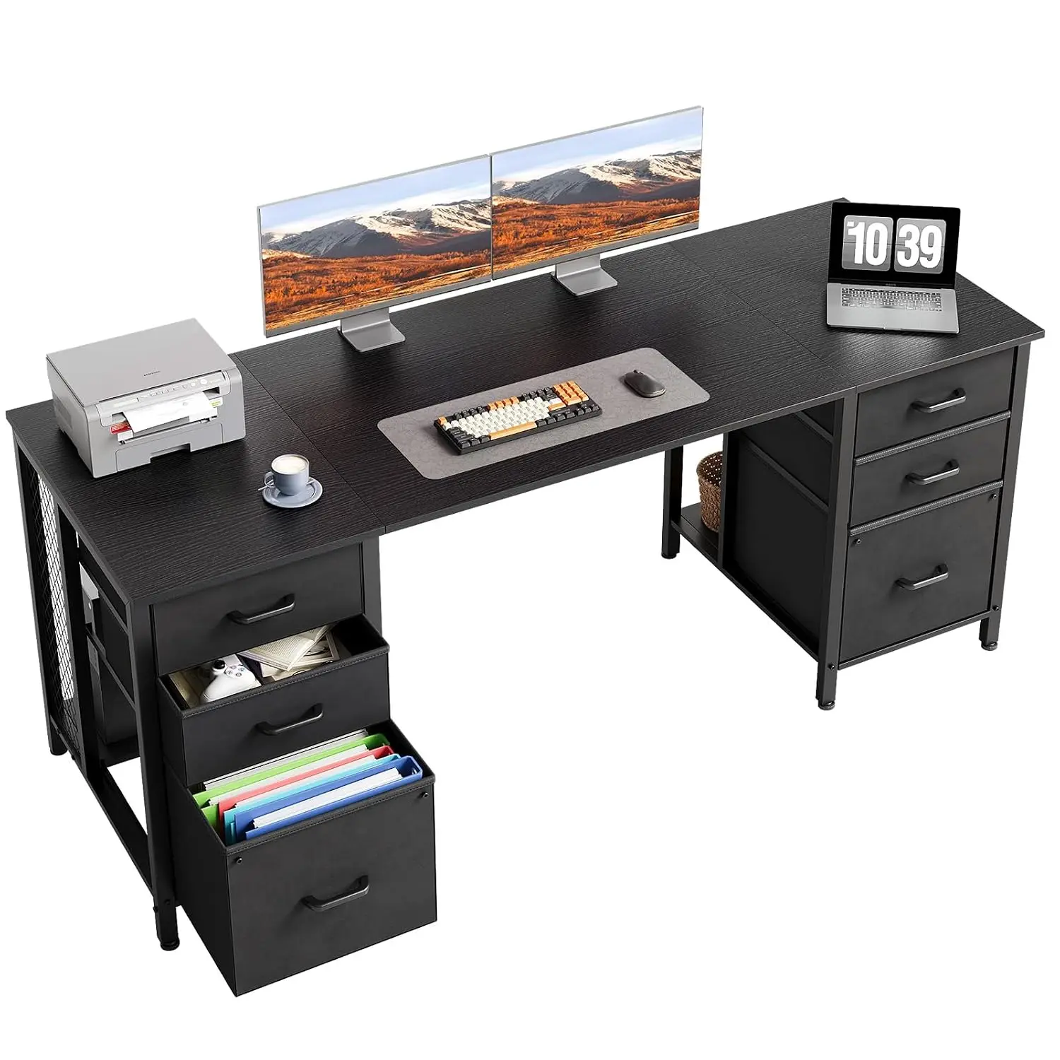 63 inch Computer Desk with 6 Fabric Drawers, Home Office Workstation with File Storage Cabinet for Study Gaming, Customized
