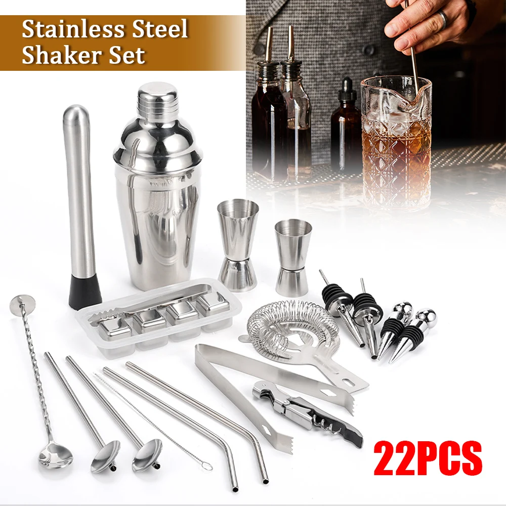 22Pcs/Set Stainless Steel Cocktail Shaker Mixer Set Drink Wine Strainer Bottle Opener Mixer Spoon Measure Cup Party Bar Tool