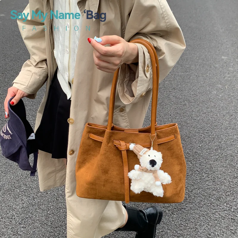 

Retro Suede Leather Tote Bag Women's Faionable Outing Commuting Handbag Large Capaci Shoulder Bag Winter New Korean Fashion Y2K