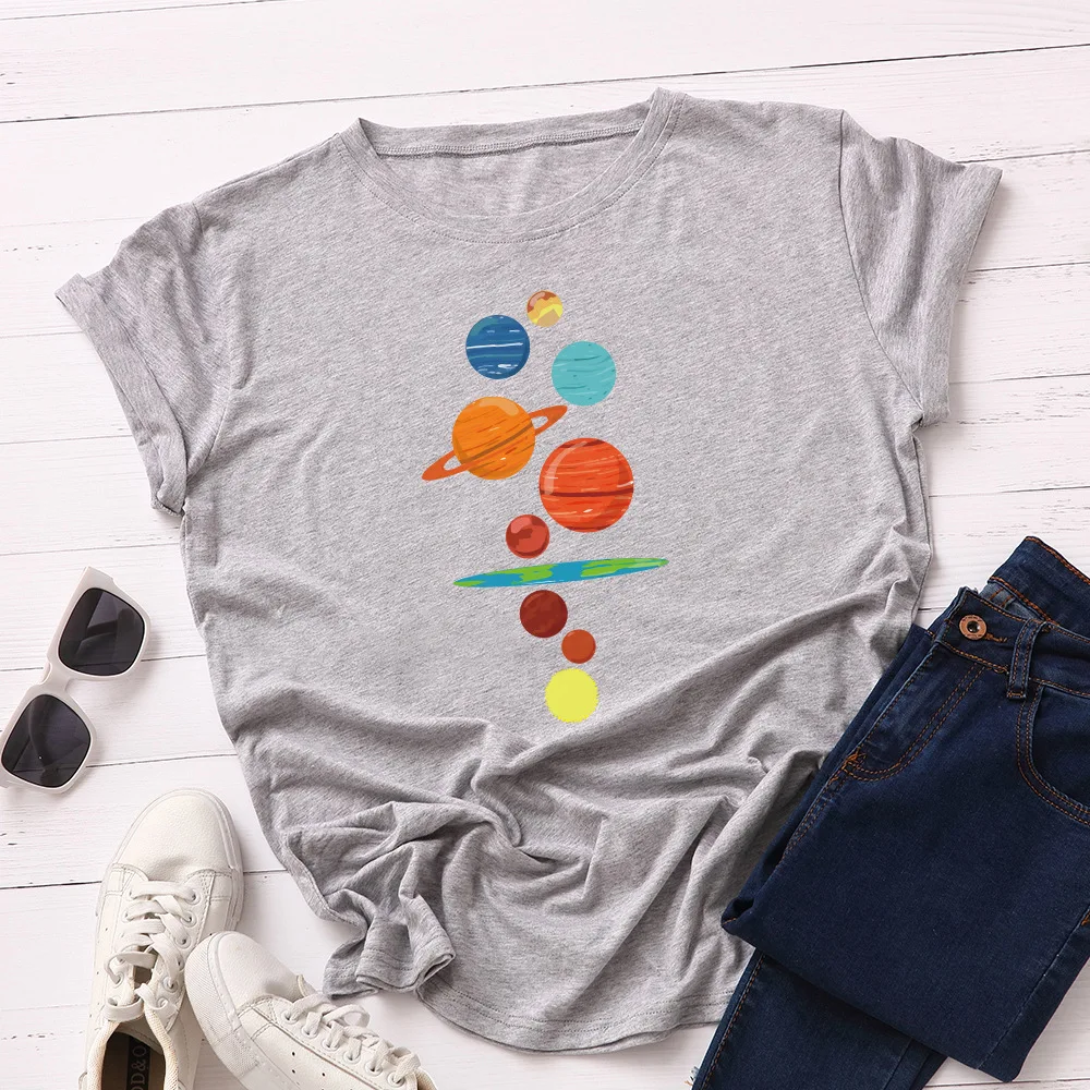 JFUNCY Women T Shirt New Planet Print T-shirts Female Short Sleeve Cotton Tees Tops Woman Summer Tshirt