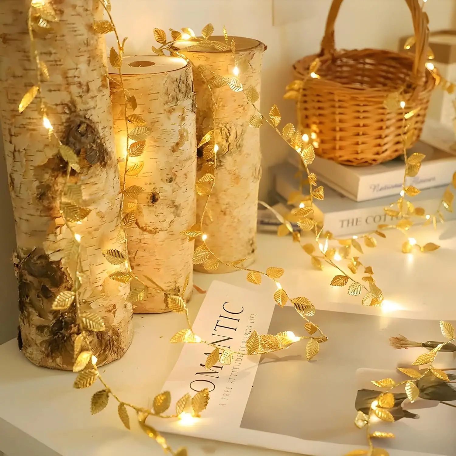 Christmas Rattan Wreath LED Fairy Lights Golden Leaf Copper Wire String Lamps Holiday Atmosphere Decor
