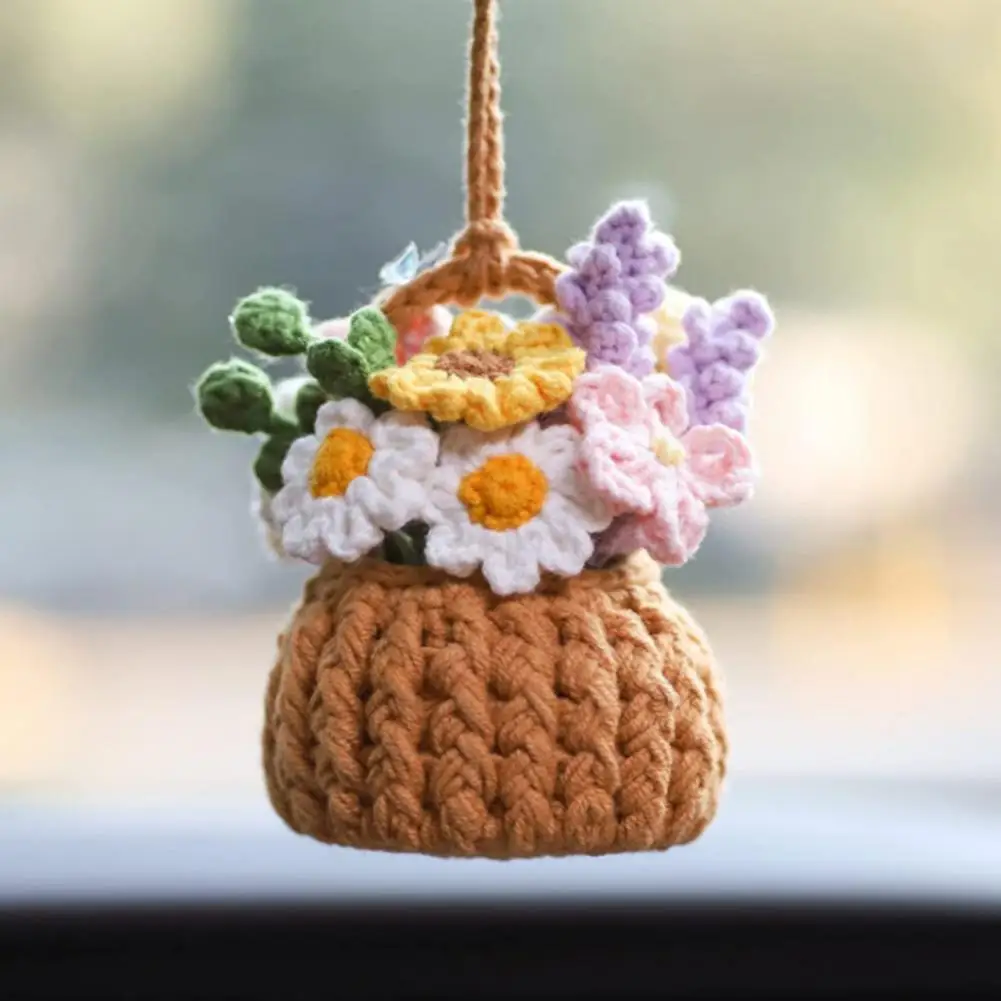 Car Plant Ornament with Lanyard Hanging Cute Potted Plants Crochet Decor Boho Knitted Rear View Mirror Accessories Home Decor