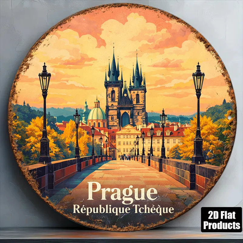 2D Flat, 1pc Prague Charles Bridge Czech Republic Vintage Wall Sign - Round Retro Suitable for Bar Cafe Restaurant Decor, Charle