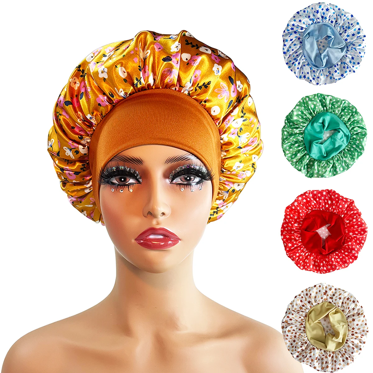 

1PC Satin Wide-brimmed Head Wrap Elastic Band Bonnet sleep cap Extra Large Satin Silky Bonnet Sleep with Premium Elastic Band