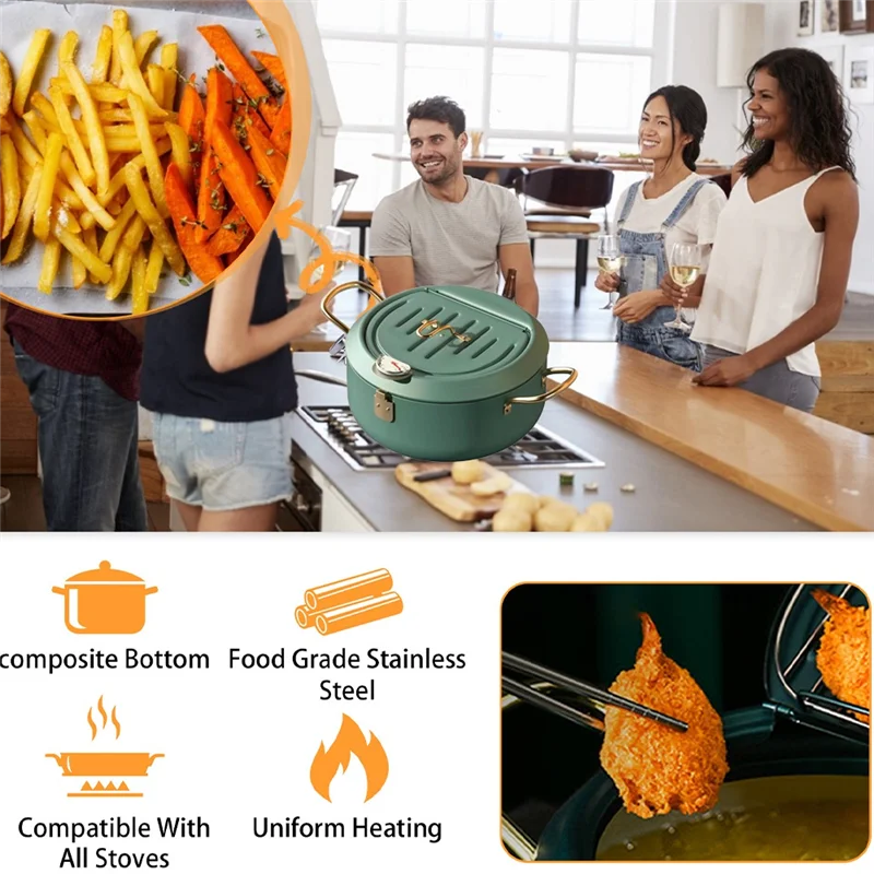 Kitchen Stainless Steel Deep Frying Pot Oil Fryer with A Thermometer and A Lid 304 Tempura Fryer Pan Fried Chicken Pot-T33C