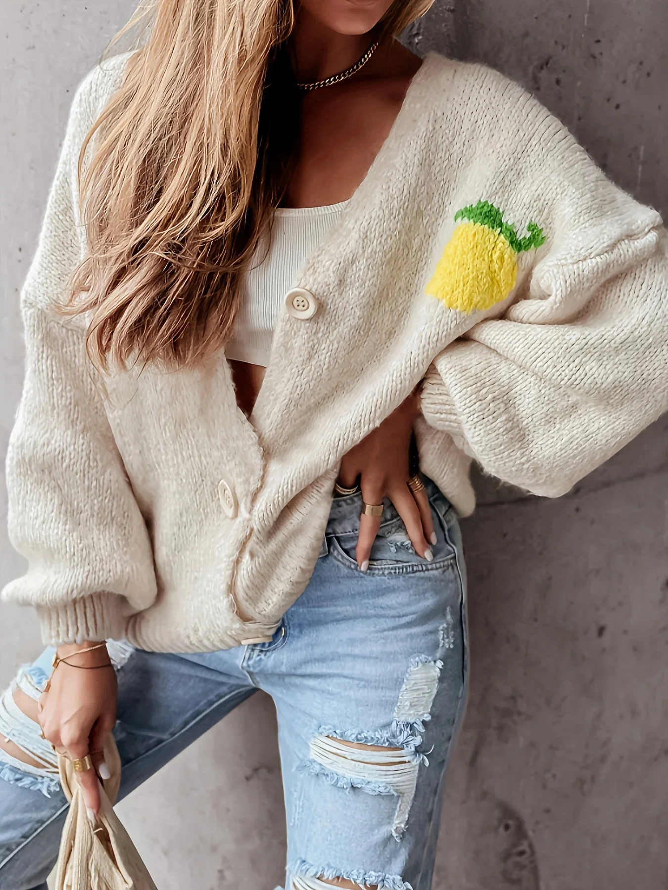 Autumn and winter fruit alphabet pattern knitted cardigan daily casual versatile elegant sweater