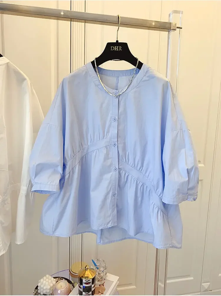 Causal Overiszed Loose Doll Shirt Korean Chic O-neck Blouses 2024 Summer Ladies Puff Sleeve Pleated Blusas Camisas Mujer