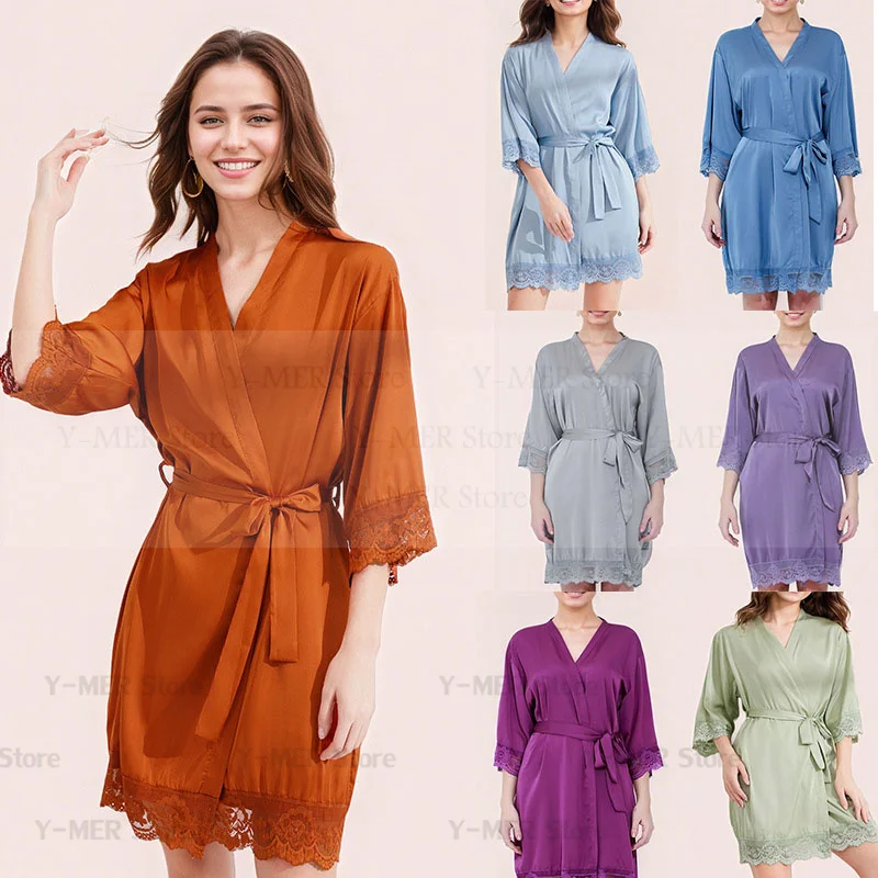 

Multiple Colors Women Ice Silk Pajamas Robes Bride Wedding Nightgowns Lace Trim Sleepwear Nightdress Soft Comfortable Lingerie