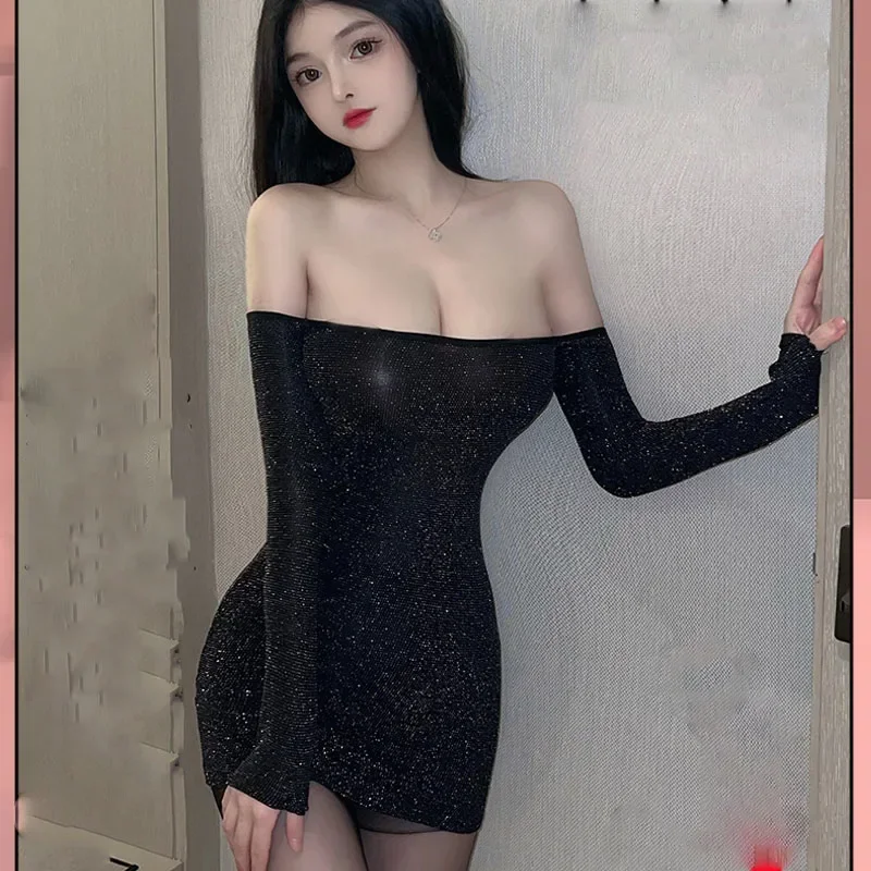 Top Fashion WomensTight Fitting Hip Hugging Skirt Uniform Nightgown Transparent Nightclub Short Skirt Set Low Cut High Bounce